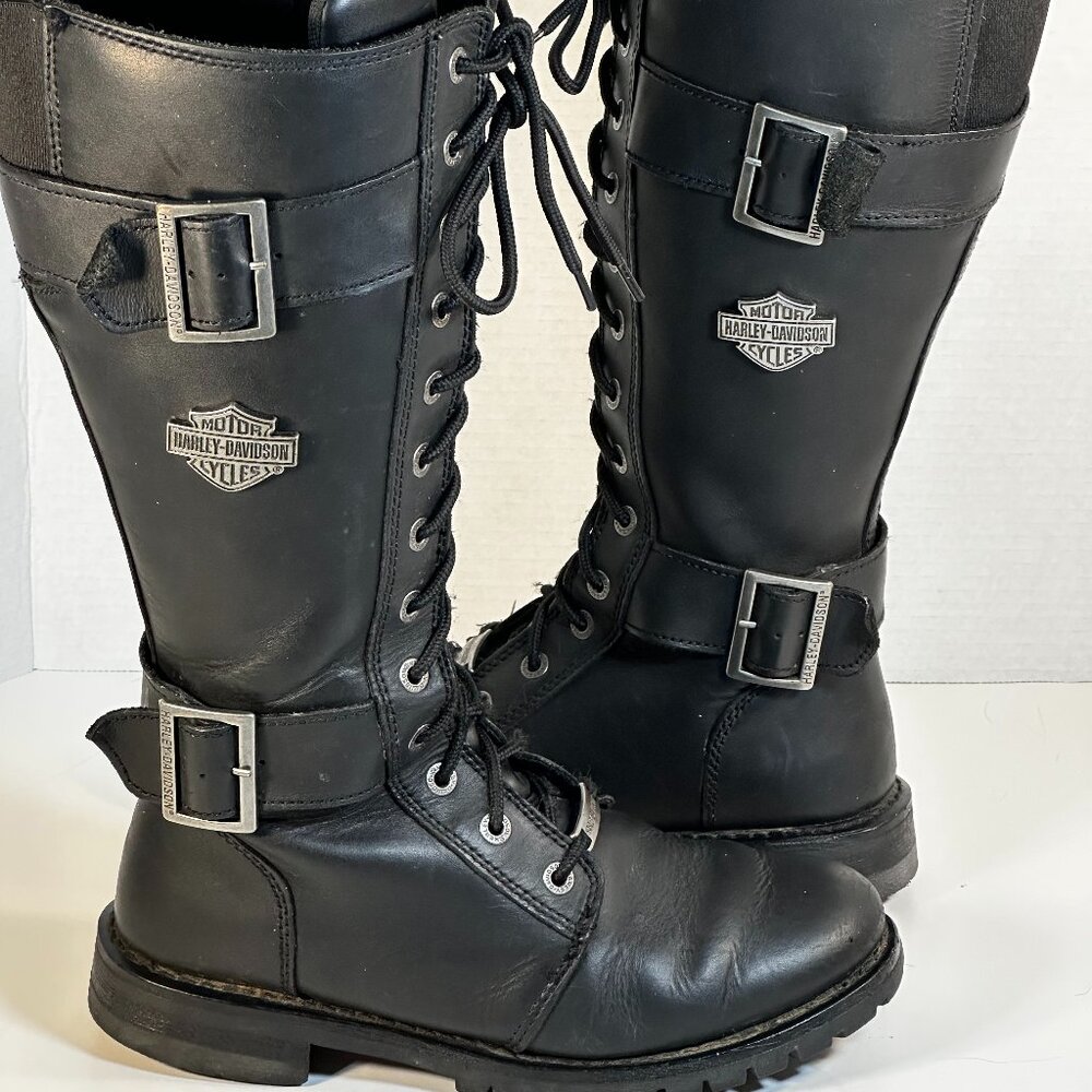 Harley-Davidson Black Leather Lace-Up Buckle Heeled Motorcycle Boots - Picture 14 of 16